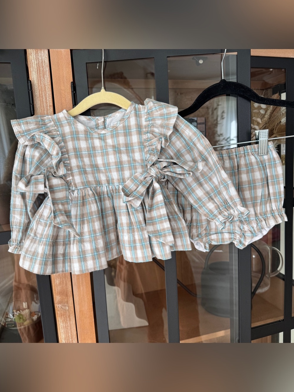 Cecil & Lou plaid set bows long sleeve ruffle baby girl neutral shorts bloomers